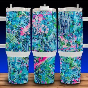 40oz Lilly P Cinderella with Castle Floral Cup Mug Tumbler Stainless Steel